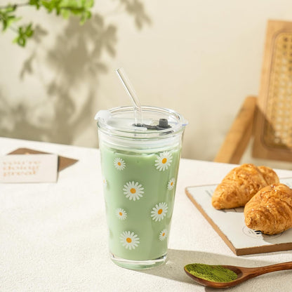 Olvini 15oz Glass Tumbler with Straw and Lid, Cute Iced Coffee Cups, Aesthetic Glass Cups, Coffee Tumbler, Water Cup, Matcha Cup, Drinking Glasses (Clear)