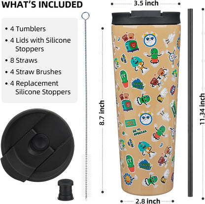BJPKPK 4 Pack Tumbler with Lid and Straw,30oz Insulated Tumblers Bulk Reusable Travel Coffee Mug, Dishwasher Safe Double Wall Vacuum Insulated Cup Gift for Men Women,Light Blue Leopard