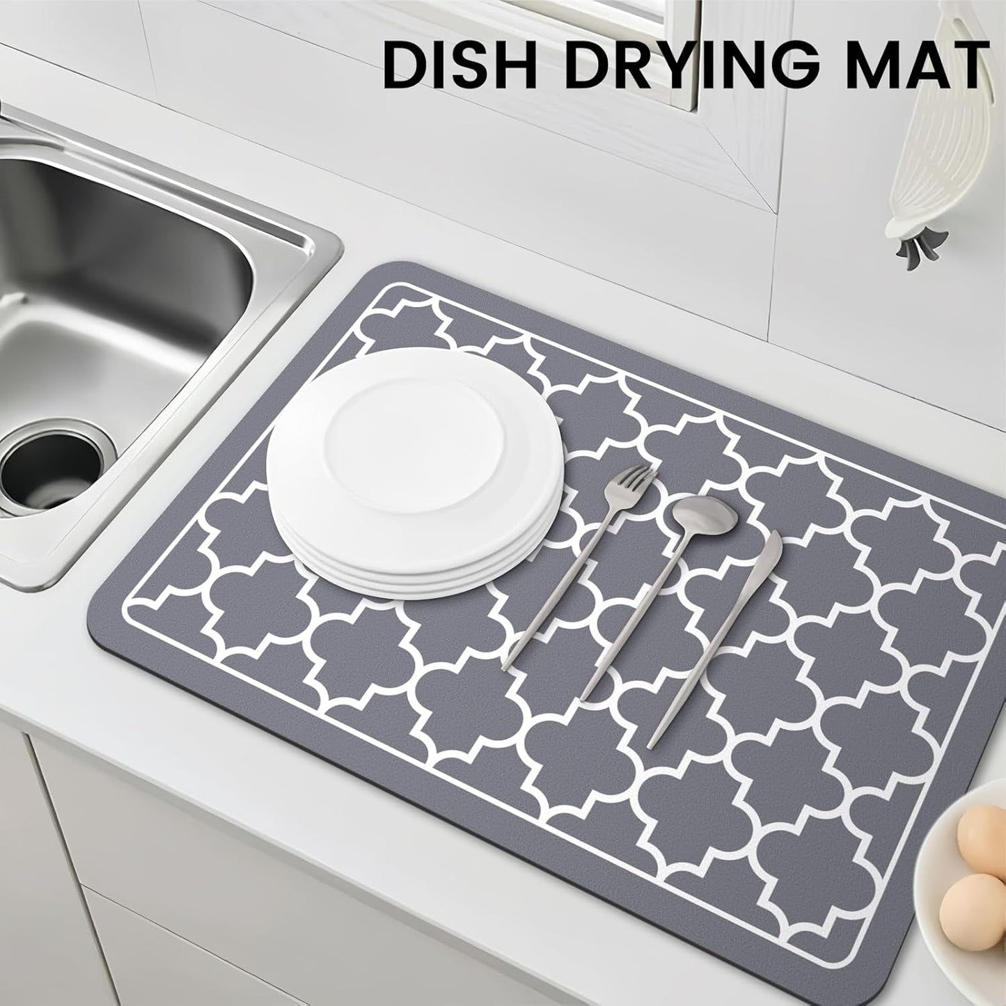 WISELIFE Dish Drying Mat Super Absorbent Drying Mat Large Dish Drying Mats for Kitchen Counter Easy Clean Dish Mat Kitchen Drying Mat15"x 18" Stylish Grey
