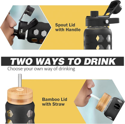 MUKOKO Glass Water Bottles, 32oz Glass Tumbler with Straw, Drinking Bottles with 2 Lids-Handle Spout Lid&Bamboo Straw Lid, Motivational Water Bottle with Time Marker and Silicone Sleeve, 1 Pack-Olive