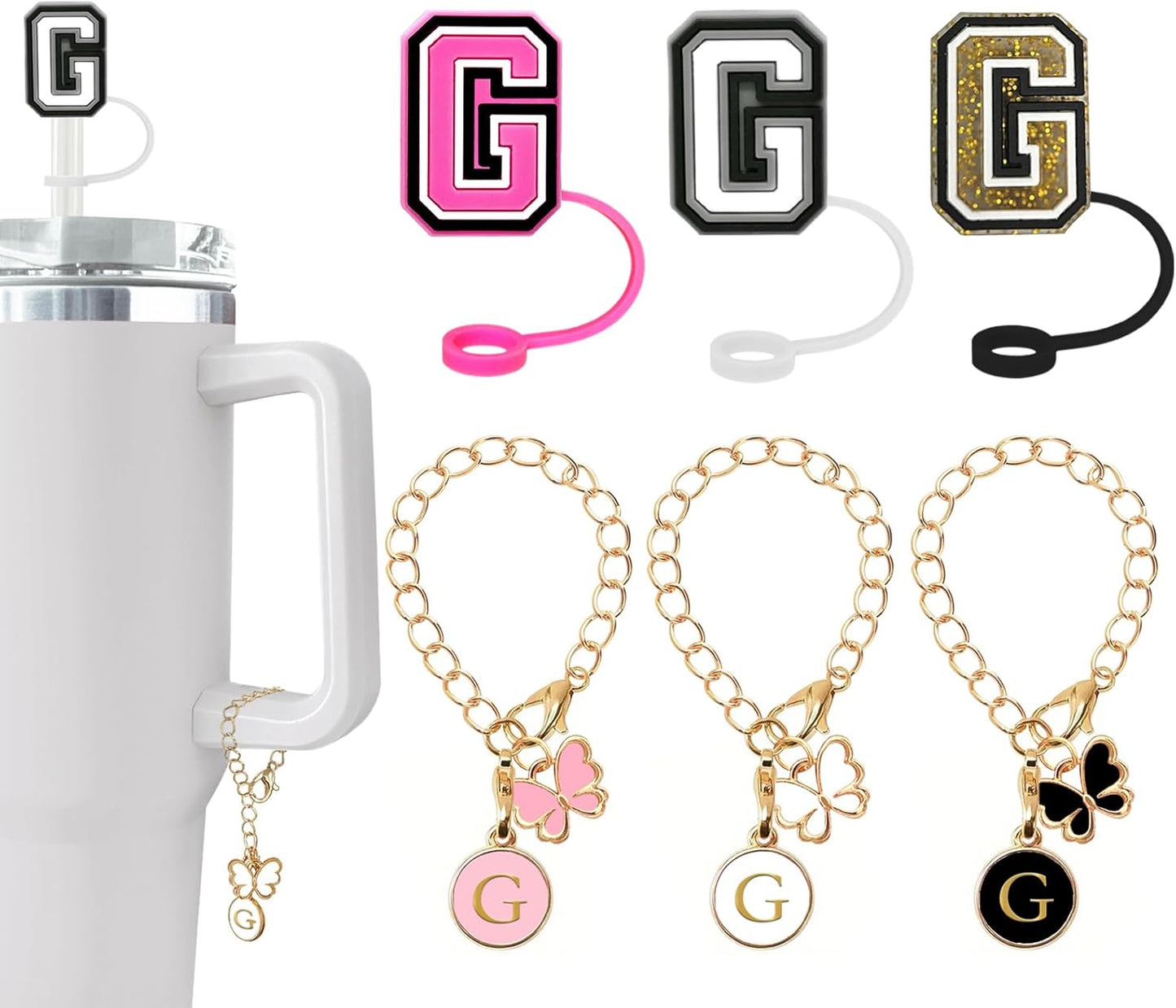 （3 +3) 3PCS Nuozme Straw Cover 10mm For Stanley Tumbler Cup Reusable Straw Cap Topper with 3 Initial Letter Charms Accessories Name ID Personalized Handle Charm For Stanley 30&40 Oz Cup Tumbler - Colors B