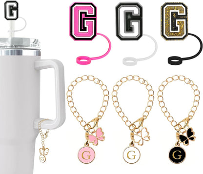（3 +3) 3PCS Nuozme Straw Cover 10mm For Stanley Tumbler Cup Reusable Straw Cap Topper with 3 Initial Letter Charms Accessories Name ID Personalized Handle Charm For Stanley 30&40 Oz Cup Tumbler - Colors B