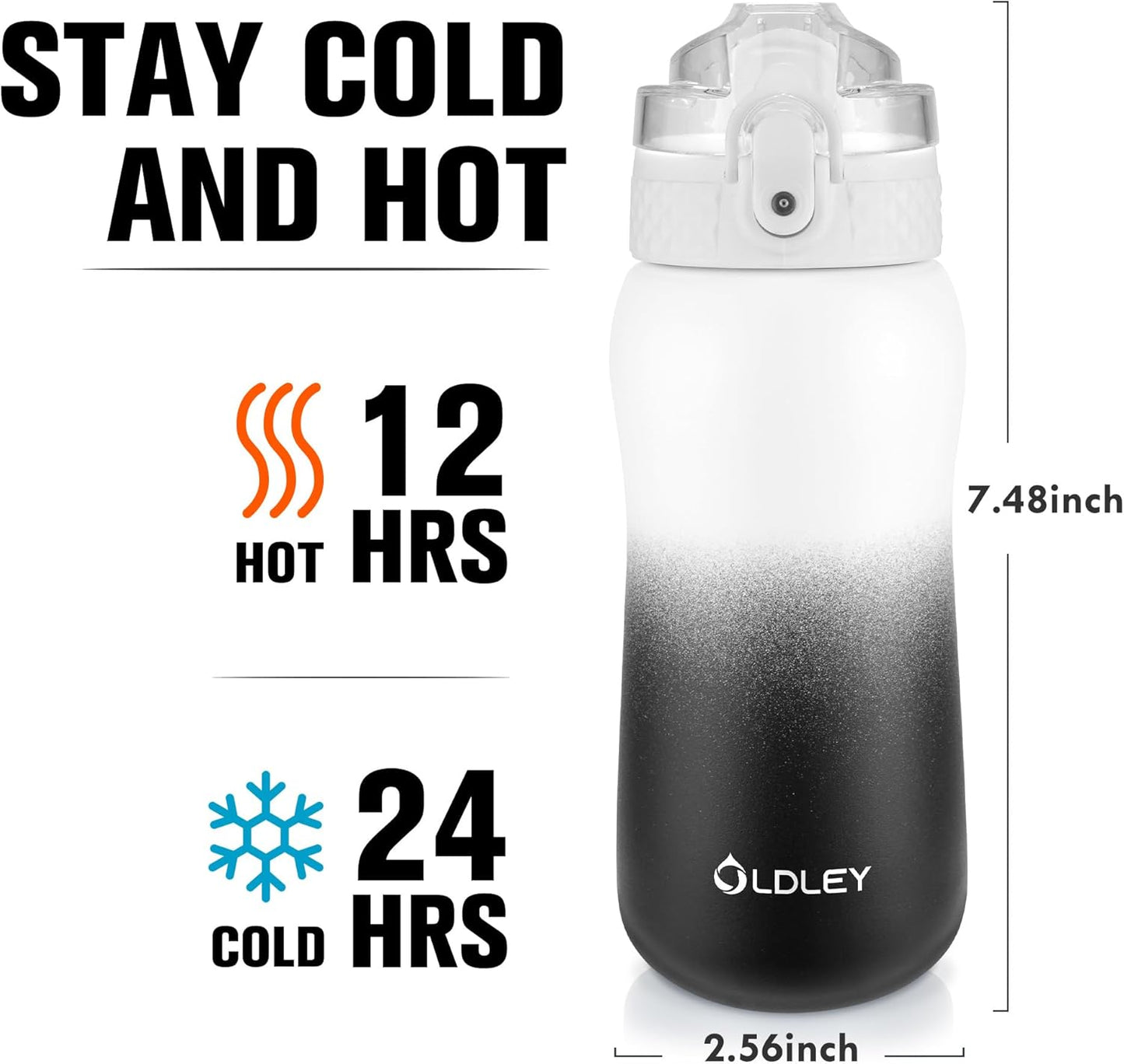 Oldley Insulated Water Bottle 20oz for Adults Kids Stainless Steel Water Bottles with Straw/Chug/Carabiner 3 Lids Fruit Strainer Double Wall Vacuum Wide Mouth BPA Free Leak-Proof for School Travel