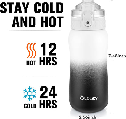 Oldley Insulated Water Bottle 20oz for Adults Kids Stainless Steel Water Bottles with Straw/Chug/Carabiner 3 Lids Fruit Strainer Double Wall Vacuum Wide Mouth BPA Free Leak-Proof for School Travel