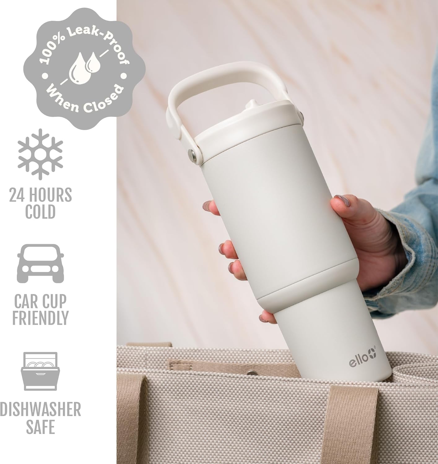 Ello Oasis Go+ 26oz Tumbler with Top Handle and Retracting Straw | Reusable Insulated Stainless Steel Cup, 100% Leakproof Water Bottle, 24 Hours Cold, Cup Holder Friendly For Travel | Wild Rasberry
