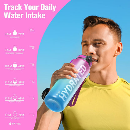 Sahara Sailor Water Bottle 32oz, Durable and Leakproof Water Bottles Motivational with Time Marker, Tritan, BPA Free, Wide Mouth with Easy Clean Brush for Gym, Travel, Home, School, Office (1 Bottle)