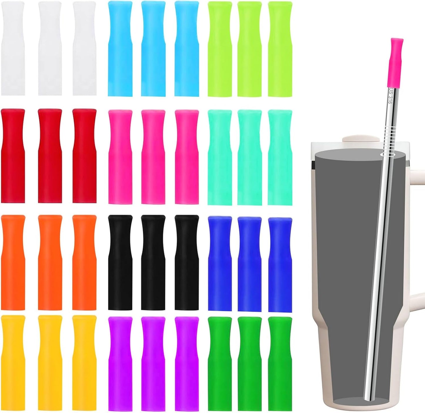 Reusable Stainless Steel Straws Set 6 PCS with 6 Silicone Tips, 2 Straw Brush, 1 Storage Case, Different Sizes of Metal Straws Reusable, Suitable for 14, 20, 30 oz Cups Tumbler, for Hot/Cold Drinks