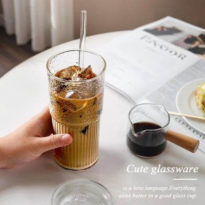 Iced Coffee Cups with Lids: Coffee Bar Accessories - Ribbed Glass Tumbler with Straw and Lid 4Pcs - 20oz Leak Proof Tumbler - Reusable Glass Cups and Tumblers with Lid and Straws for To Go Iced Coffee