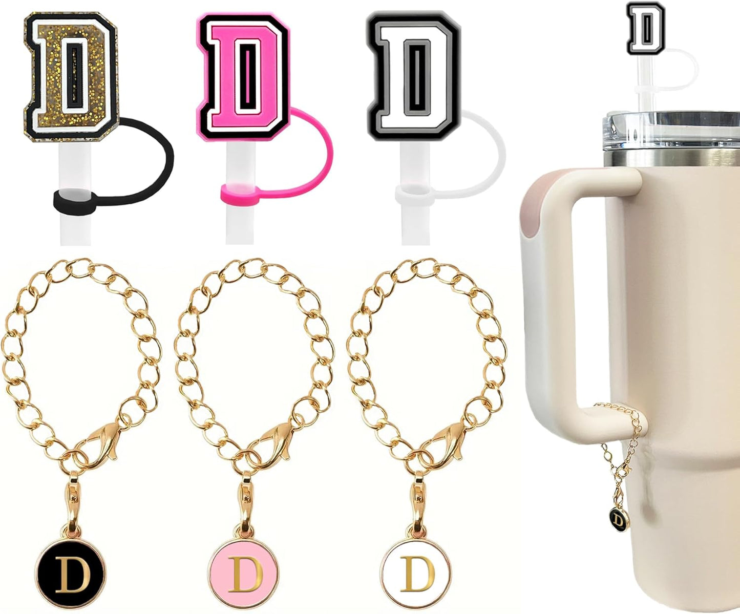 （3 +3) 3PCS Nuozme Straw Cover 10mm For Stanley Tumbler Cup Reusable Straw Cap Topper with 3 Initial Letter Charms Accessories Name ID Personalized Handle Charm For Stanley 30&40 Oz Cup Tumbler - Colors A