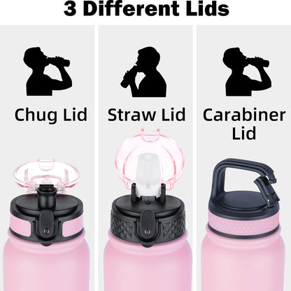 Oldley Insulated Water Bottle 20oz for Adults Kids Stainless Steel Water Bottles with Straw/Chug/Carabiner 3 Lids Fruit Strainer Double Wall Vacuum Wide Mouth BPA Free Leak-Proof for School Travel
