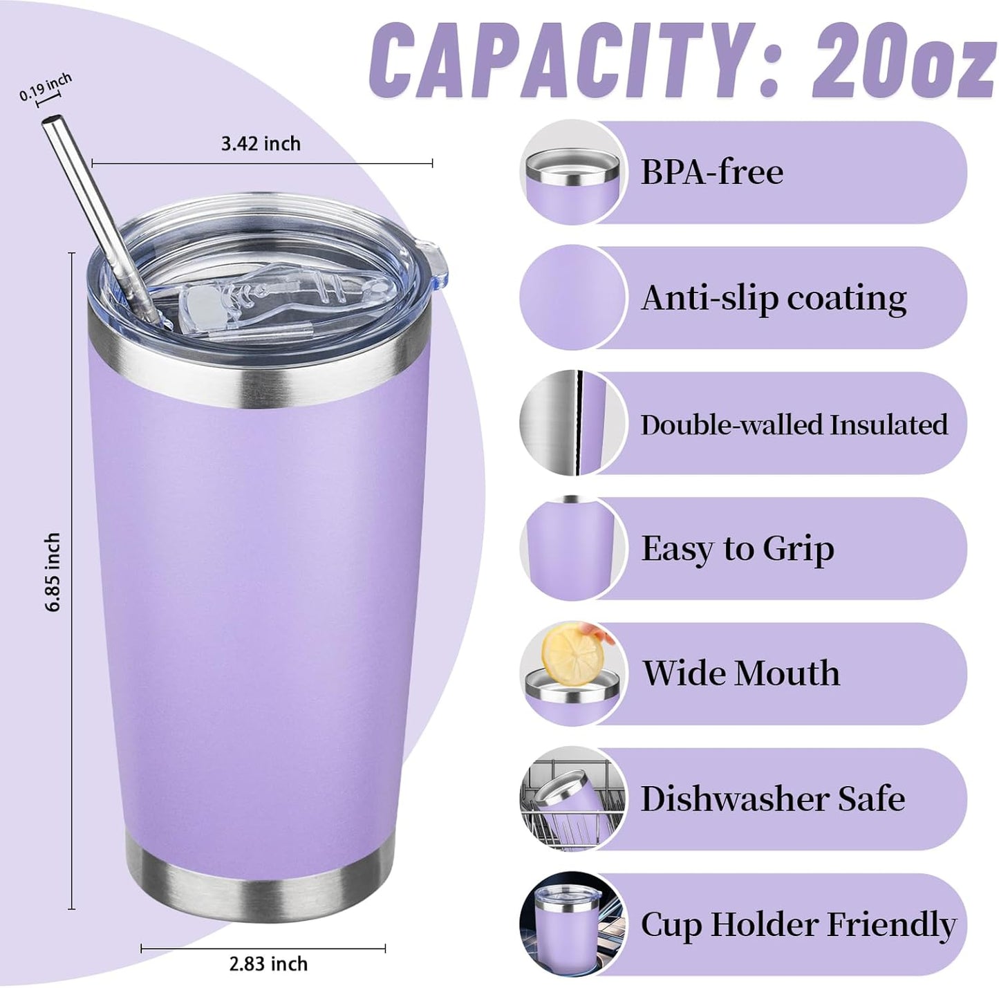 20 oz Tumbler with Lids and Straws, Stainless Steel Insulated Travel Coffee Mug, Double Wall Vacuum Insulated Tumblers, Powder Coated Coffee Tumbler for Cold & Hot Drinks (Light Purple)