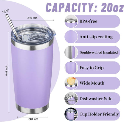 20 oz Tumbler with Lids and Straws, Stainless Steel Insulated Travel Coffee Mug, Double Wall Vacuum Insulated Tumblers, Powder Coated Coffee Tumbler for Cold & Hot Drinks (Light Purple)