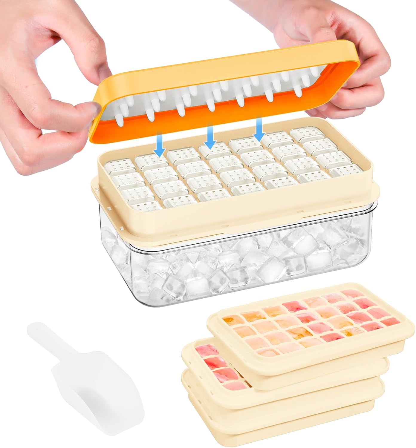 Ice Cube Tray with Lid and Bin, PHINOX 56 pcs Ice Trays for Freezer, Ice Cube Trays for Freezer with 2 trays, Container, Lid & Ice Scoop, BPA Free