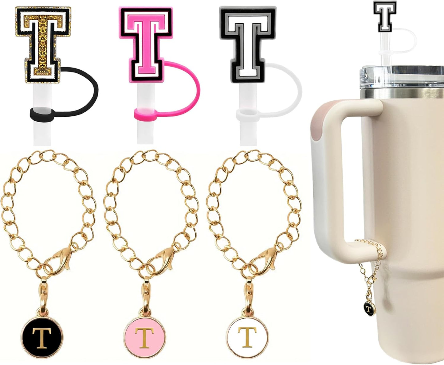 （3 +3) 3PCS Nuozme Straw Cover 10mm For Stanley Tumbler Cup Reusable Straw Cap Topper with 3 Initial Letter Charms Accessories Name ID Personalized Handle Charm For Stanley 30&40 Oz Cup Tumbler - Colors A