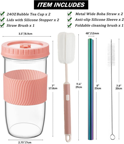 Amyoole 2 Pack Reusable Boba Cup, 24Oz Wide Mouth Smoothie Cup,mason Jar Glass Cups with Lids and Straws,Bubble/Boba Tea Cups,Ice Coffee Tumbler 2 colored straws 1 sponge brush(Pink)