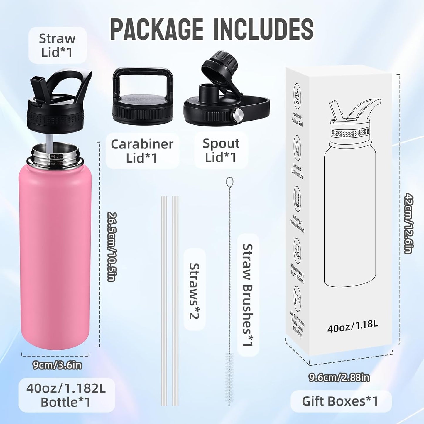 Insulated Water Bottles with Straw 40 oz Leak Proof, Vacuum Insulated Stainless Steel Sport Tumbler with 3 Lids Straw, Spout and Handle Lid for Sports, Gym or Office,Hot Pink