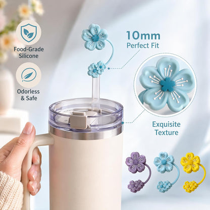 BTYHAOS Silicone Straw Caps for 10mm Tumblers | Reusable Dust-Proof Straw Toppers Compatible with Stanley 30oz & 40oz Tumblers (Purple Flower 3pc)