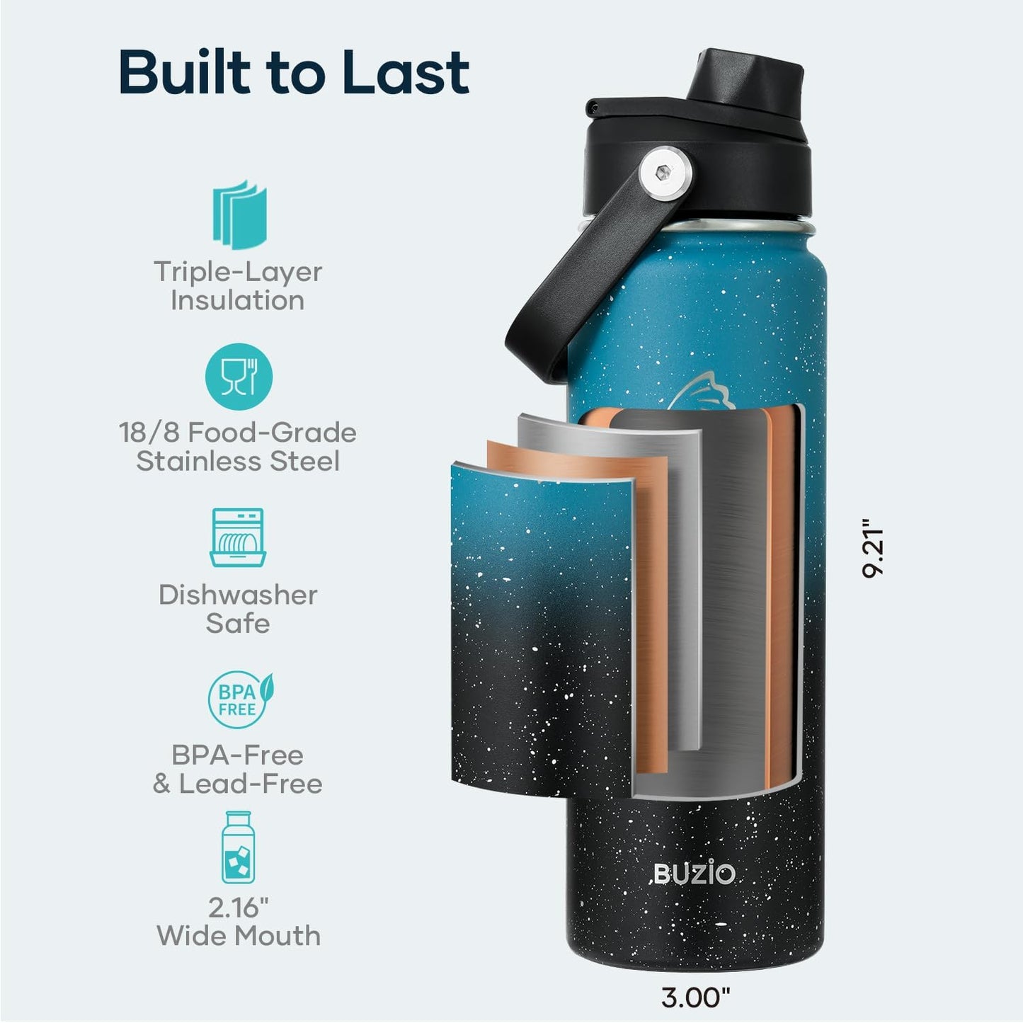 BUZIO 40oz Insulated Water Bottle, Triple Wall Vacuum Stainless Steel Water Flask with 2 lids, Lead-Free BPA-Free Straw Lid Sports Canteen Jug, Cold 48H & Hot 24H- Black - Colors A
