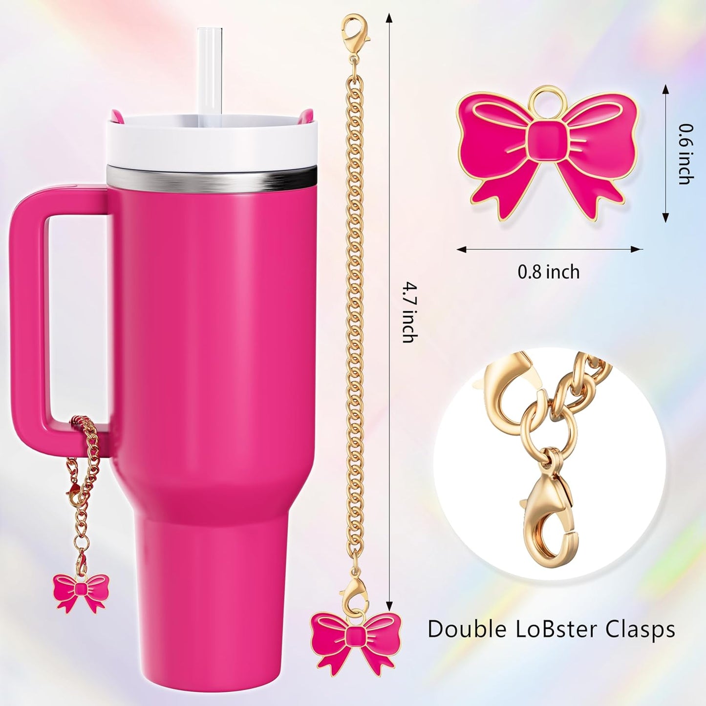 Compatible with Stanley Cup Accessories - 3Pcs 10mm Bow Straw Topper Compatible with Stanley Cup Straw Cover Cap, 2pcs Pink Bow Charms for Stanley 30&40 Oz Tumbler with Handle