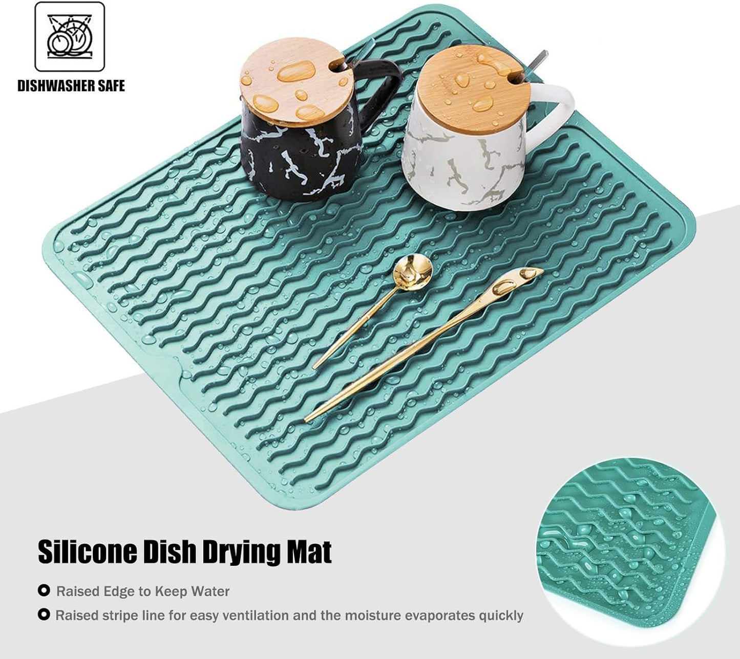 Silicone Dish Drying Mat, Non-Slip Easy Clean Sink Mat Large Heat-resistant Dish Drainer Mat for Kitchen Counter, Sink, Refrigerator or Drawer liner (12" x 6", BLACK)