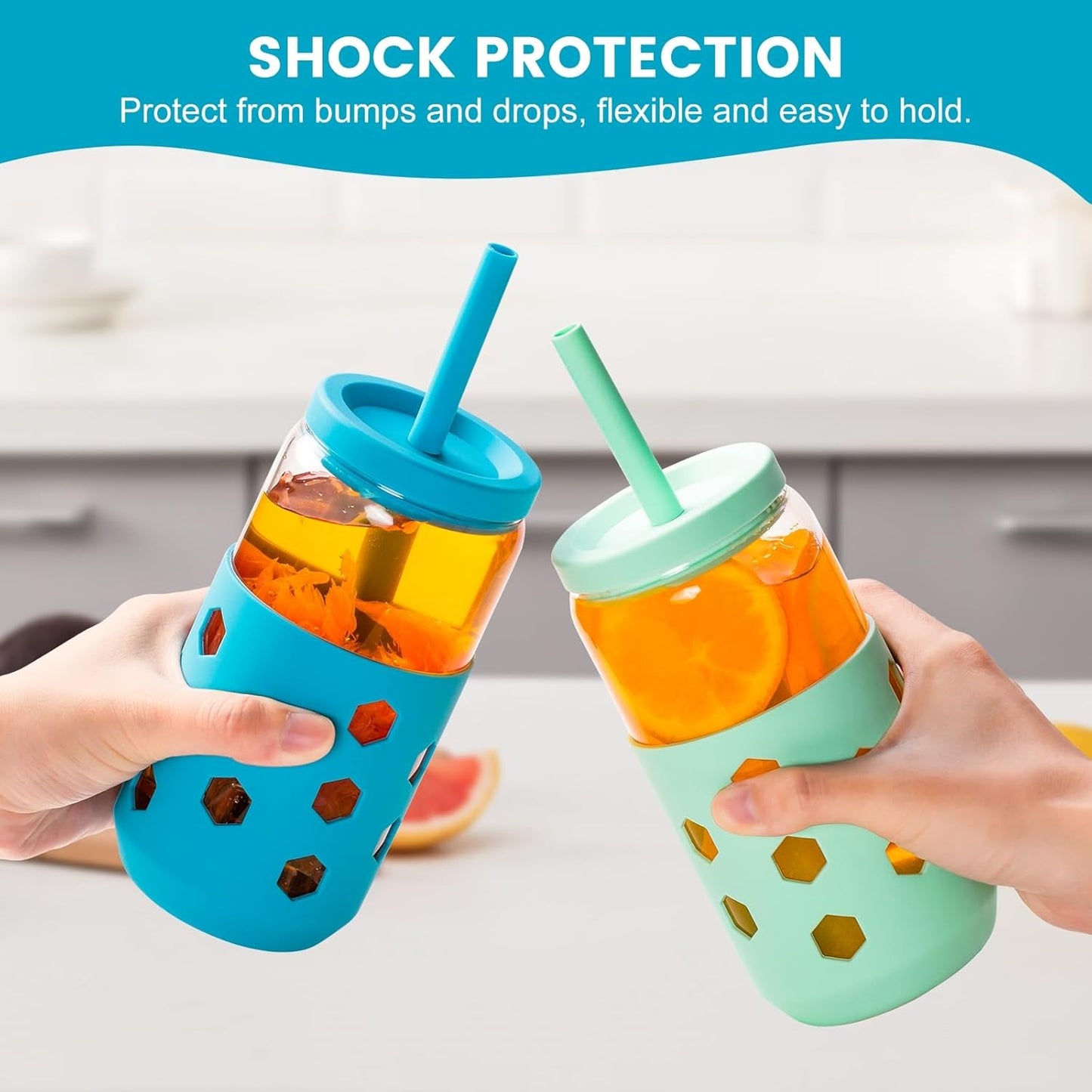 Mrsdry Glass Cups with Lids and Straws (4 Pcs), 16oz Drinking Glasses Set with Silicone Sleeves for Coffee Bar Accessories Iced Coffee Cups with Lids, Glass Tumbler Reusable for Gifts