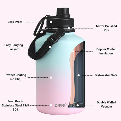 Drinco Stainless Steel Water Bottle Spout Lid Vacuum Insulated Double Wall Water Bottle Wide Mouth (40oz 32oz 22oz 18oz 14oz) Leak Proof Keep Cold Sport Camping Hiking (22 oz, 22oz Black)