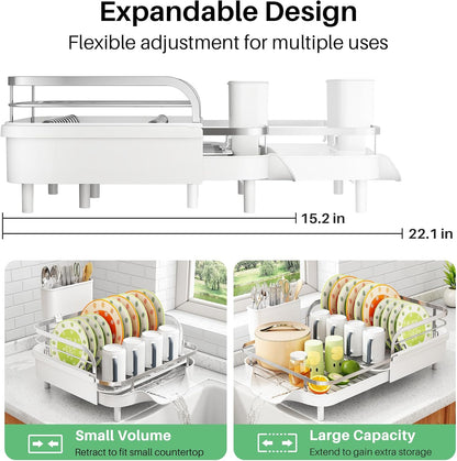 SAYZH Dish Drying Rack - Expandable Dish Rack for Kitchen Counter, Rust-Resistant Dish Drainer with Utensil Holder and Raised Guardrail, Kitchen Organizer for Cup and Bottle (Black)