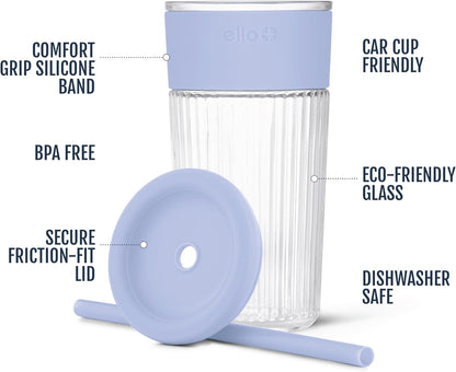 Ello Devon Glass Tumbler , Protective No Sweat Silicone Sleeve and Splash Proof Wooden Detail Lid with Straw, 18 oz