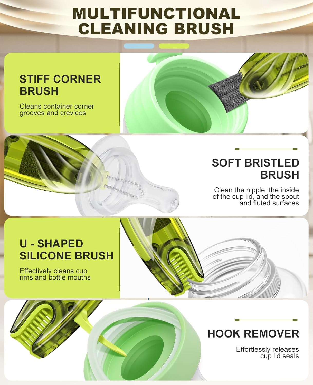 4 in 1 Cup Lid Gap Cleaning Brush Set 2 Pcs - Multifunctional Bottle Cleaning Brush Tools for Home Kitchen and Travel Cleaning | Portable Silicone Cup Lid Cleaner in 2 Colors