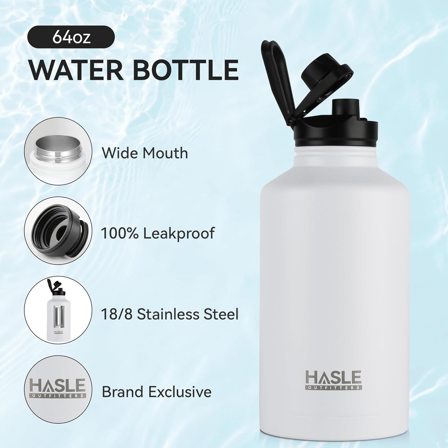 HASLE OUTFITTERS 32 oz Insulated Water Bottle Stainless Steel Double Walled Vacuum Sports Water Bottle with 2 Lids (Straw and Spout Lid) for Gym Camping Hiking(Black,1)