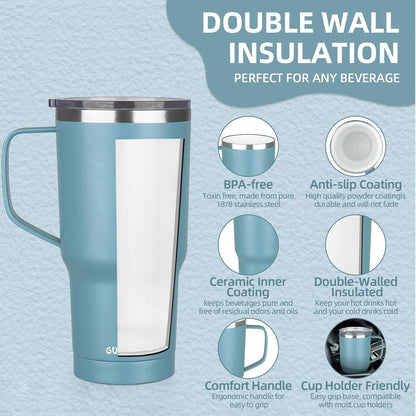 20 oz Insulated Coffee Mug with Ceramic Coating, Stainless Steel Travel Mug Tumbler with Handle Lid and Straw, Double Wall Leak-Proof Coffee Travel Mug Keeps Drink Hot and Cold (Black)