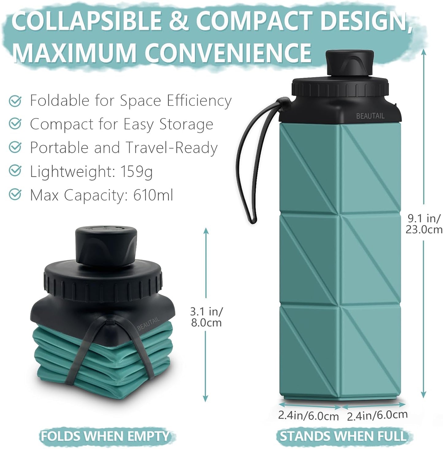 BEAUTAIL Collapsible Water Bottles 20.6oz, Silicone Foldable Portable Travel Water Bottle, Lightweight Reusable Leakproof for Traveling Camping Hiking Cycling Yoga Sports Outdoor