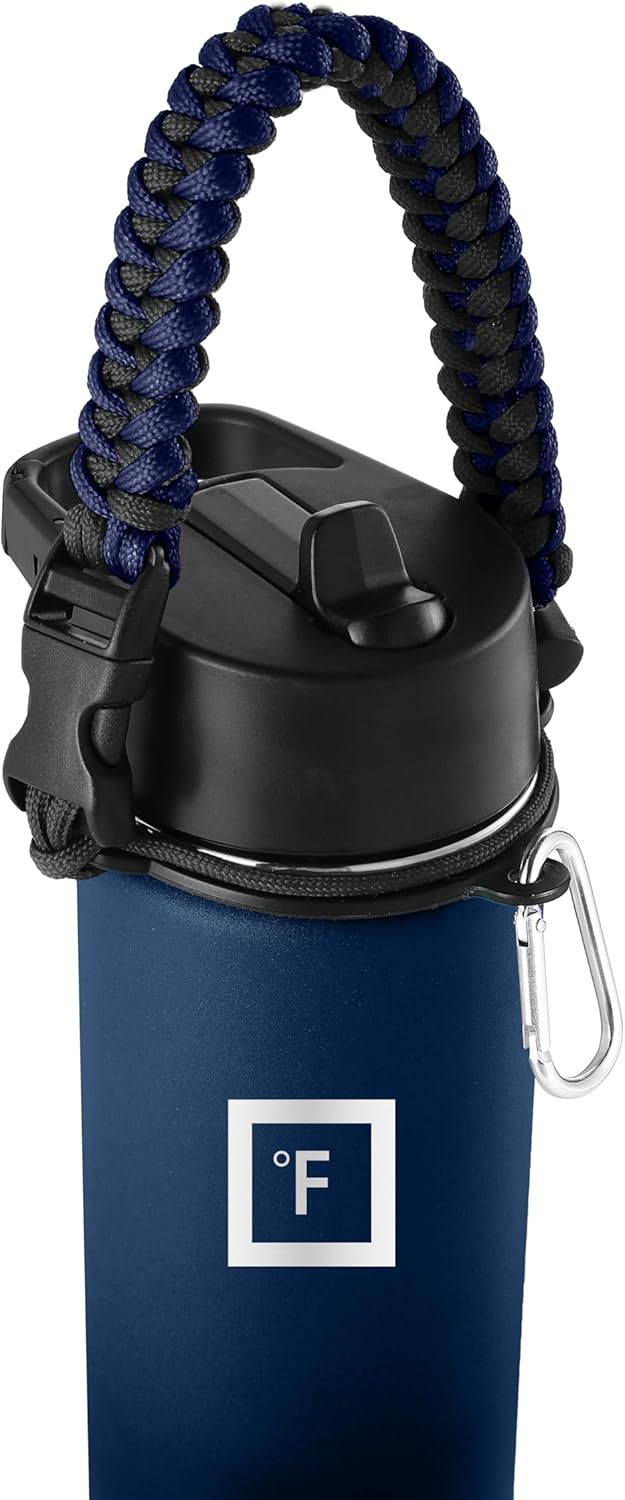 IRON °FLASK Paracord Handle - Fits Wide Mouth Water Bottles - Durable Carrier, Secure Accessories, Survival Strap Cord, Safety Ring, and Carabiner - Seven Core Paracord Bracelet