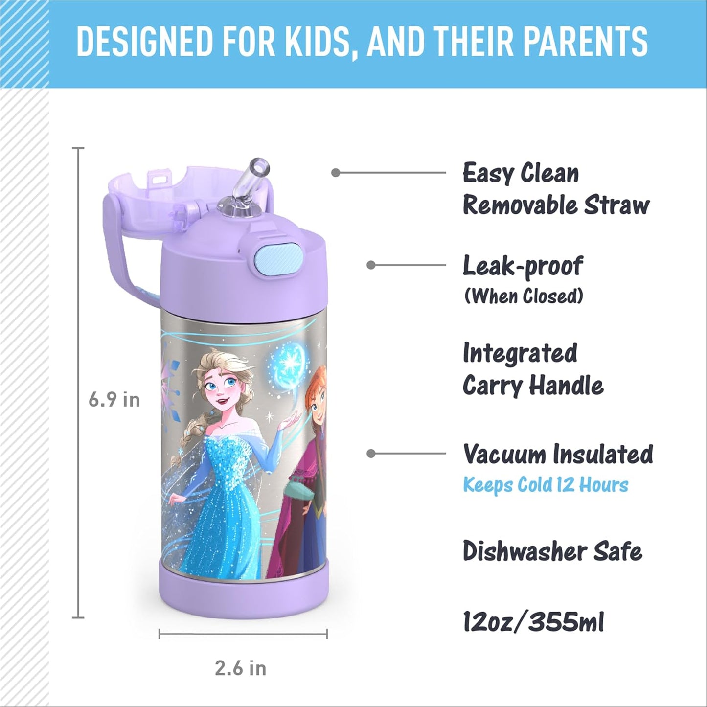THERMOS FUNTAINER Water Bottle with Straw - 12 Ounce - Kids Stainless Steel Vacuum Insulated Water Bottle with Lid, Bluey - Colors A