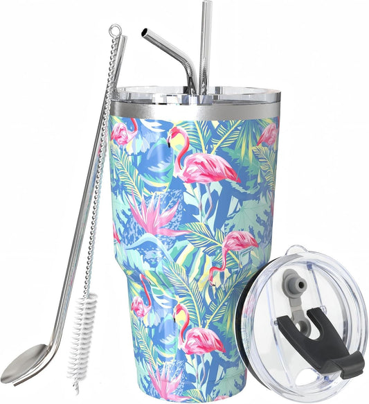 30oz Insulated Tumblers with Lids and Straws, Double wall Stainless Steel Tumbler with straw, Reusable Spill Proof Tumbler, Perfect for Iced Coffee, Tea & More- Flamingo