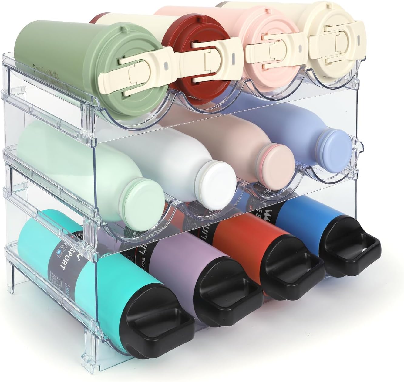 Stackable Water Bottle Organizer, 4-Tier Clear Large Compartment Holder with Stable One-Piece Side-Panel Design, Prevents Tipping & Rolling for Cabinet & Kitchen Storage, Holds 16 Bottles