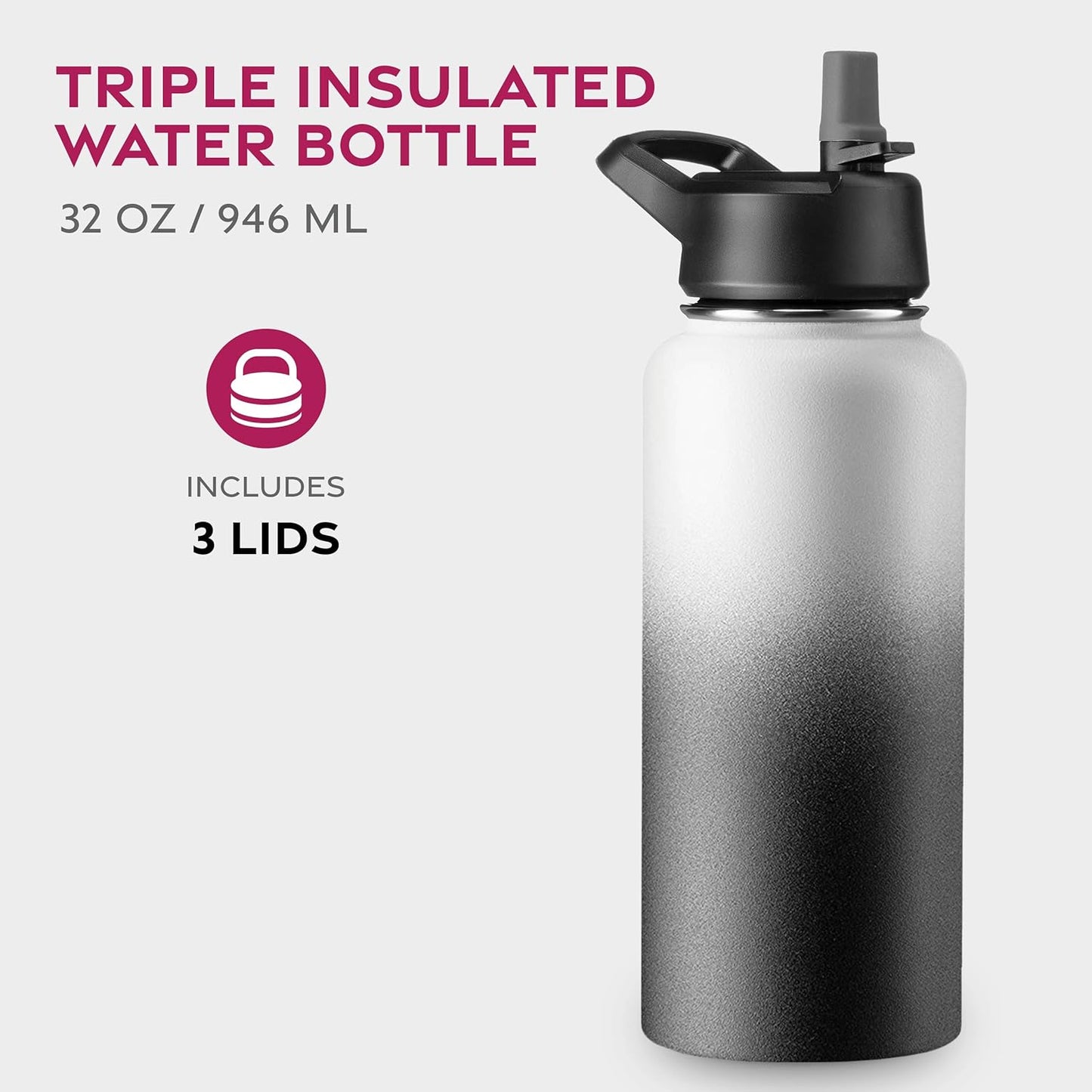 FineDine Water Bottle - Stainless Steel Insulated Water Bottle with Straw Lid, Flip Lid & Wide-Mouth Cap - Keeps Hot and Cold - 25 Oz / 739ml - Dreamy Purple