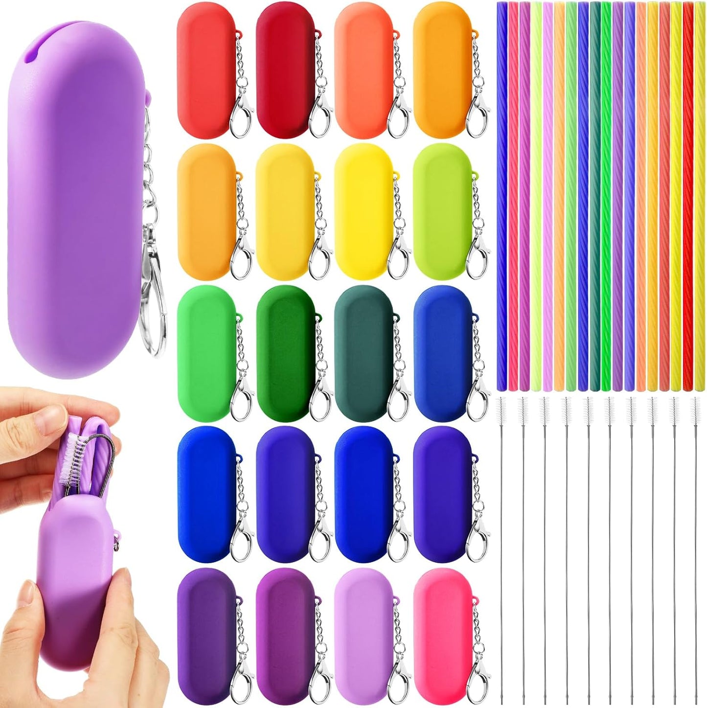 Irenare 20 Sets Silicone Straws with Case Reusable Collapsible Foldable Travel Portable Straw Cold or Hot Drinking with Carry Case, Long Cleaning Brush and Keychain, 10 Colors(Classic)