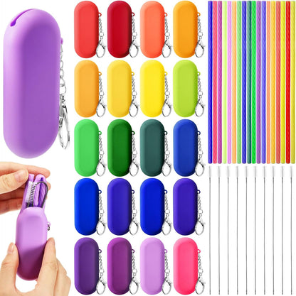 Irenare 20 Sets Silicone Straws with Case Reusable Collapsible Foldable Travel Portable Straw Cold or Hot Drinking with Carry Case, Long Cleaning Brush and Keychain, 10 Colors(Classic)