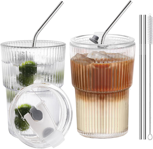 HIGIINC Iced Coffee Cups With Lids and Straws 4 Pcs, 16 OZ Unbreakable Glasses Drinking Set,Clear Plastic Cups Reusable Iced Coffee Tumbler with Lid and Straw, To Go Coffee Cups Dishwasher Safe