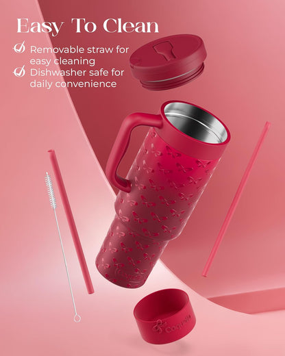 40 oz Insulated Tumbler with Handle and Push-Button Straw Lid, Stainless Steel Travel Cup for Gym Office, Leakproof, BPA-Free, Cup Holder Friendly, Bow Silicone Boot, Purple (Light Lilac)