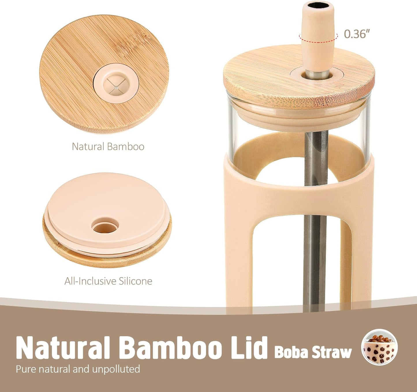 Kodrine 20oz Glass Water Tumbler with Straw and Lid, Bamboo Lids Water Bottle, Iced Coffee Cup Reusable, Wide Mouth Smoothie Cups with Protective Silicone Sleeve BPA FREE-Black - Colors A
