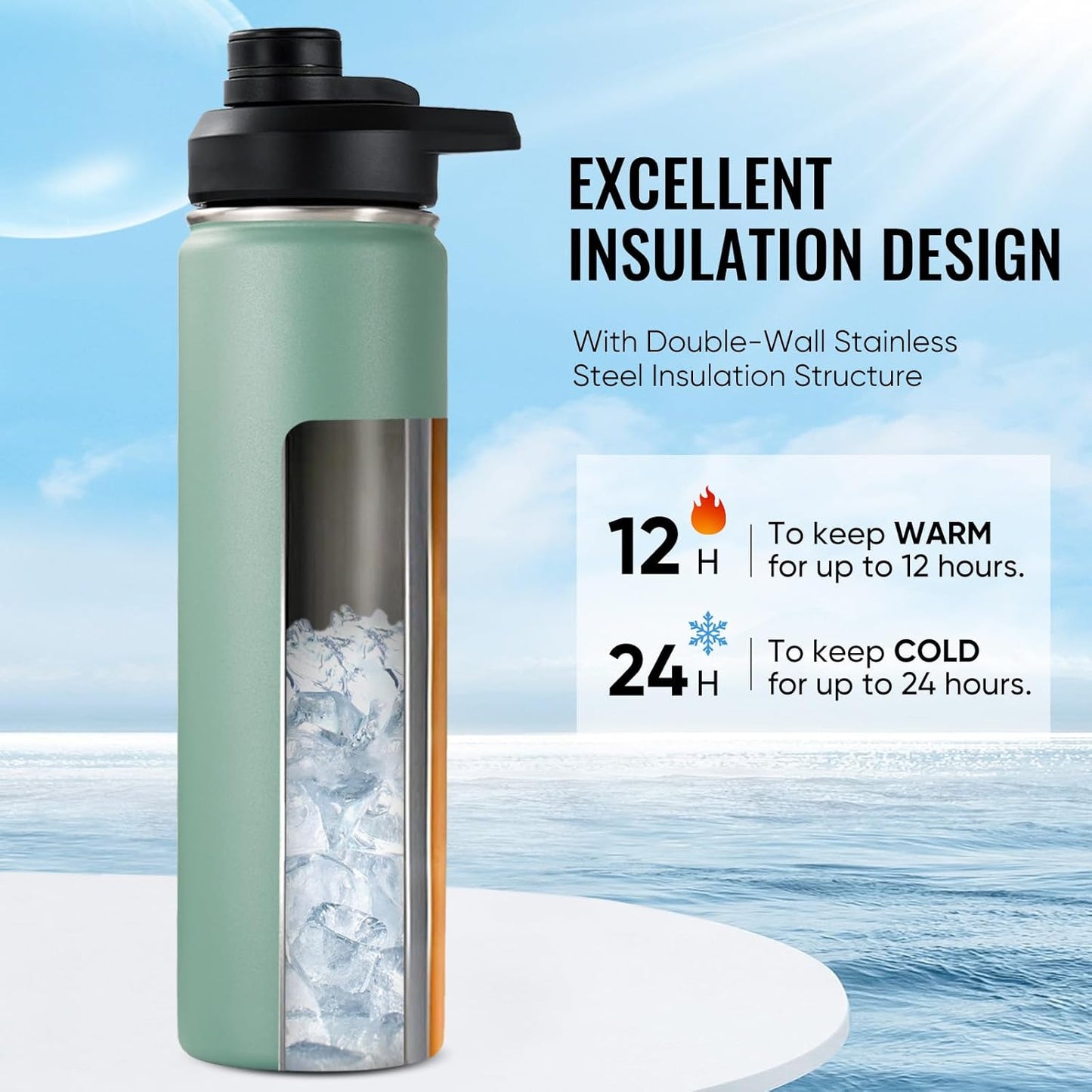 Fijinhom 24 oz Insulated Water Bottle with Handle, 304 Stainless Steel Water Bottles with Wide Mouth, Double Wall Vacuum Sports Water Bottle, BPA Free, Keep Cold and Hot, Black | with Handle