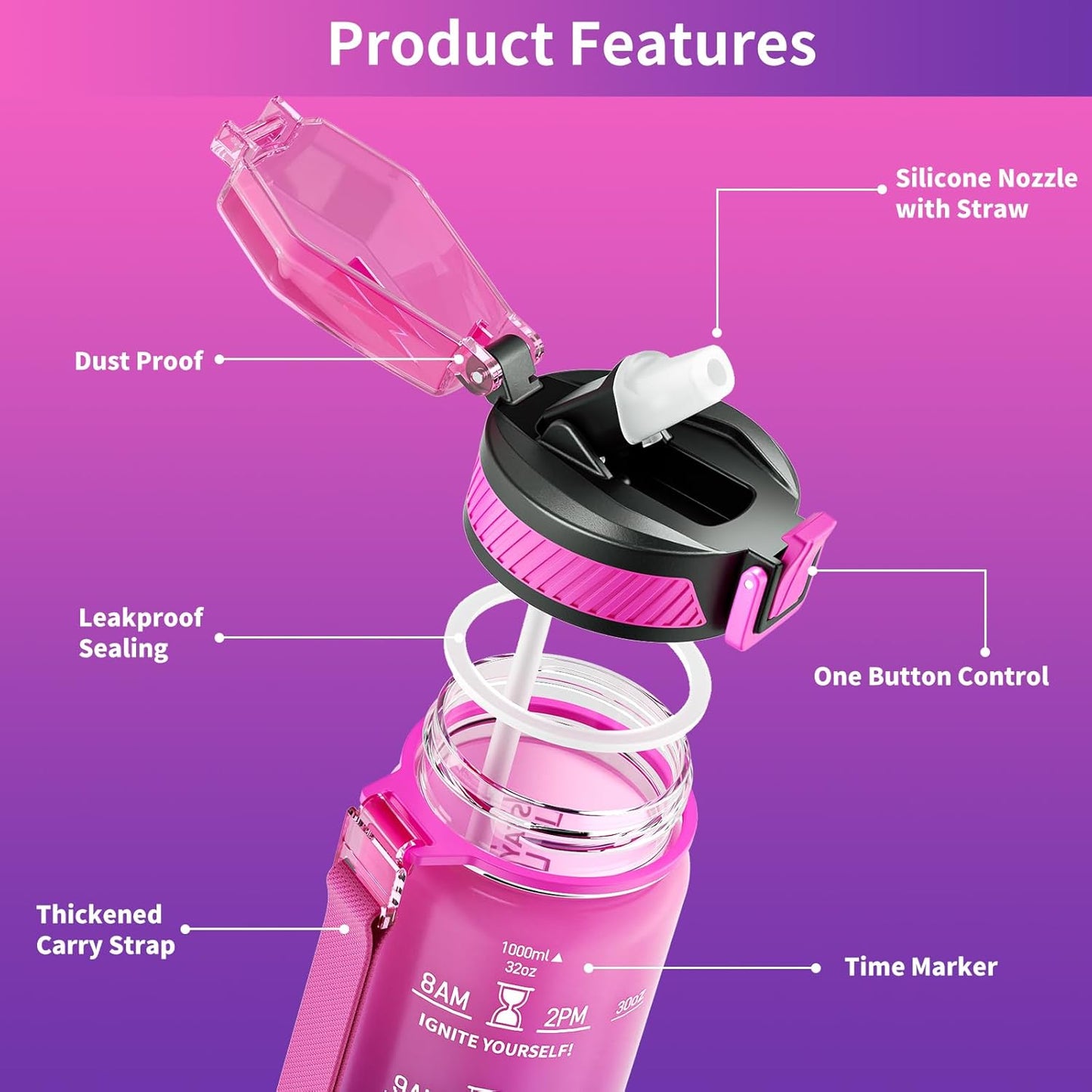 QLUR Water Bottle with Straw, 32oz Motivational Water Bottles with Time Marker to Drink, Tritan BPA Free, 1L Sports Water Bottle with Carry Strap LeakProof for Women Gym Fitness Outdoor (1 Pack)