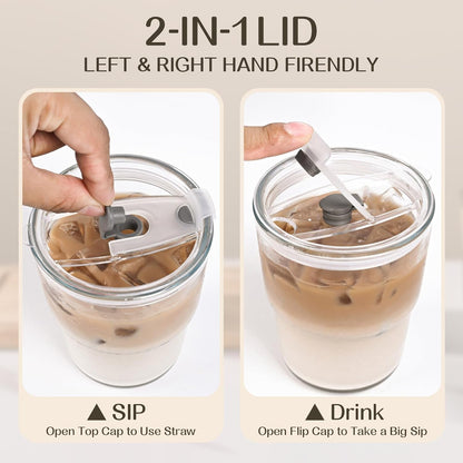 13oz Iced Coffee Cups,2Pcs Glass Cups with Lids and Straws Drinking Glasses,Clear Ribbed Glassware,Reusable Tumbler Glass to Go Cup for Matcha, Iced Tea,Juice