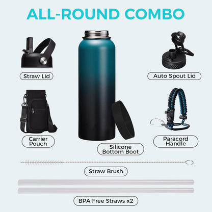 32/40/64OZ Insulated Water Bottle - Keep Cold 48H Hot 24H, Combo Straw/Spout Lids, Paracord Handle for Gym/Hiking, Carrier Bag +Strap, Cup Mat, BPA-Free Stainless Steel Flask Jug
