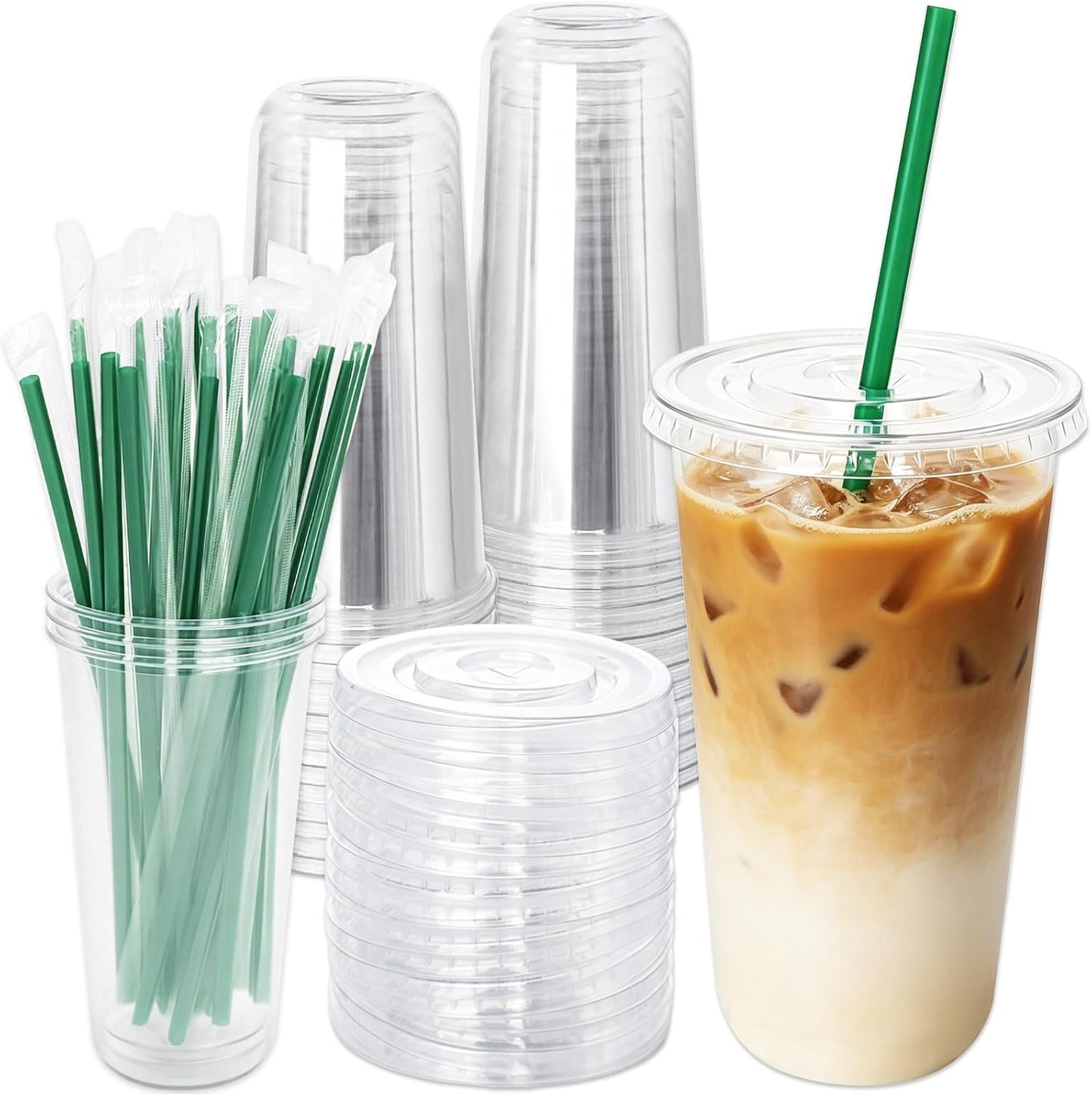 Qinsihwn 25 Set 16oz Plastic Cups with Flat Lids and Straws,Disposable Plastic Iced Coffee Cup,Disposable Clear Drinking Cups for Cold Beverages,Milkshakes,Smoothies