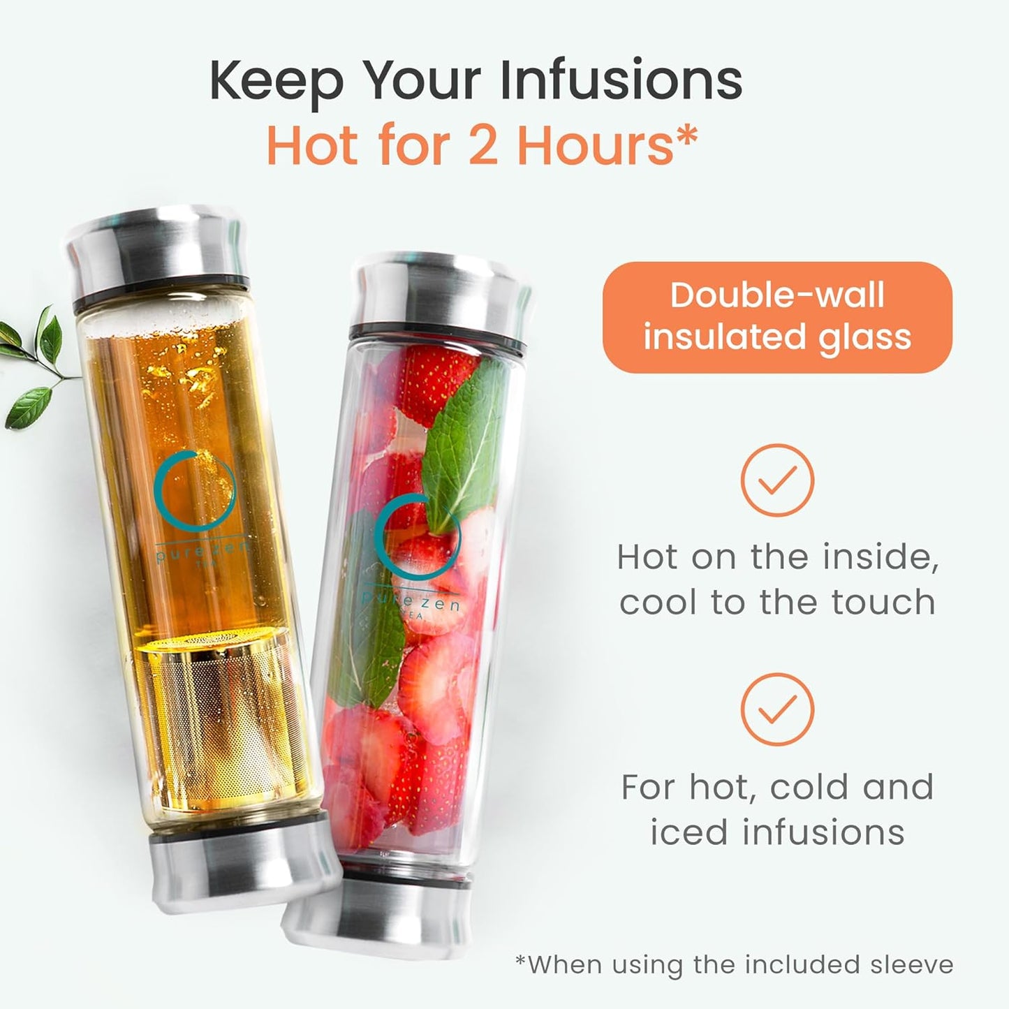 Pure Zen Tea Infuser Bottle - Double Wall Glass Travel Mug with Stainless Steel Filter - Leakproof Tea Tumbler with Infuser for Loose Leaf Infusions and Fruit Infused Water - Unique Gift Set - 13 oz