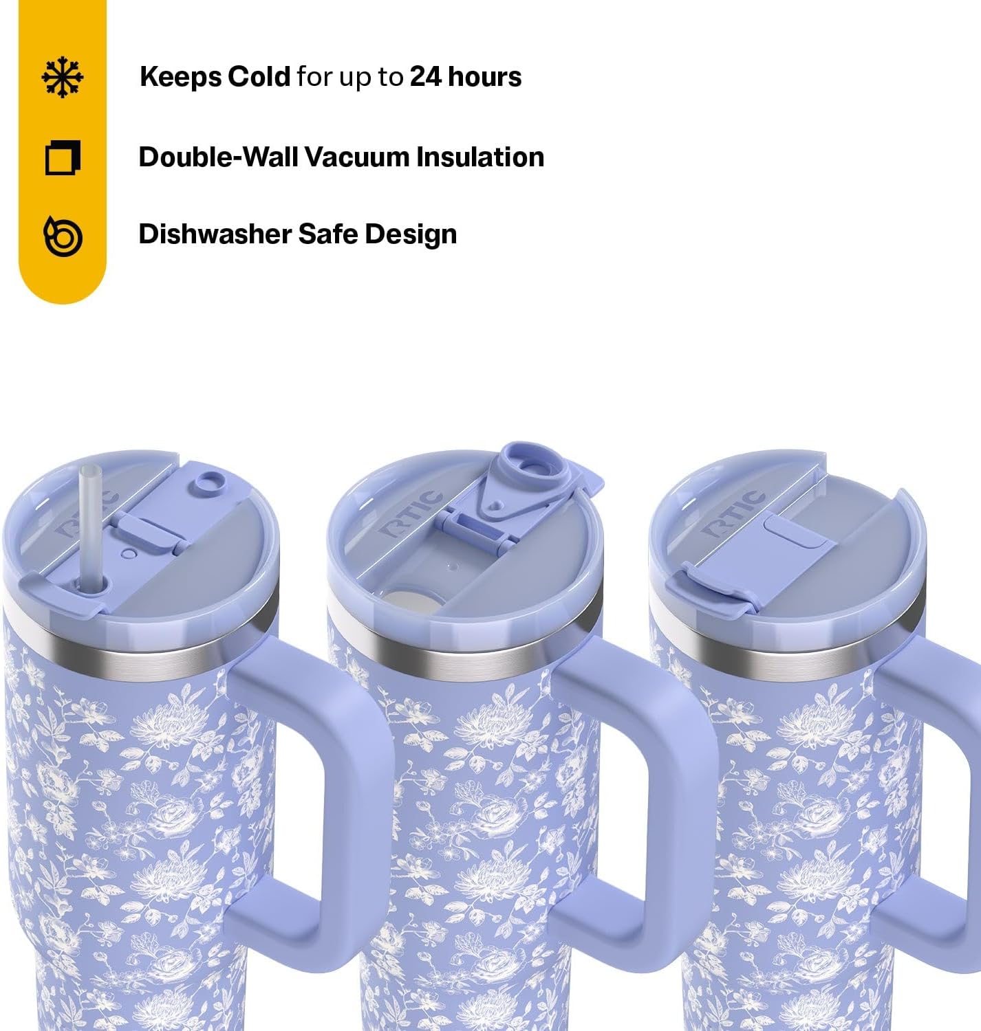 RTIC 30 oz Road Trip Tumbler Double-Walled Ceramic Lined InsulatedStainless Steel Portable Travel Coffee Mug Cup with Lid, Handle and Straw, Periwinkle Bouquet