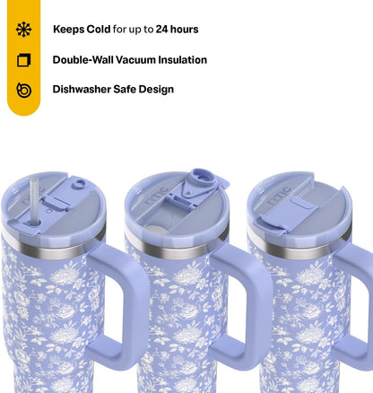 RTIC 30 oz Road Trip Tumbler Double-Walled Ceramic Lined InsulatedStainless Steel Portable Travel Coffee Mug Cup with Lid, Handle and Straw, Periwinkle Bouquet